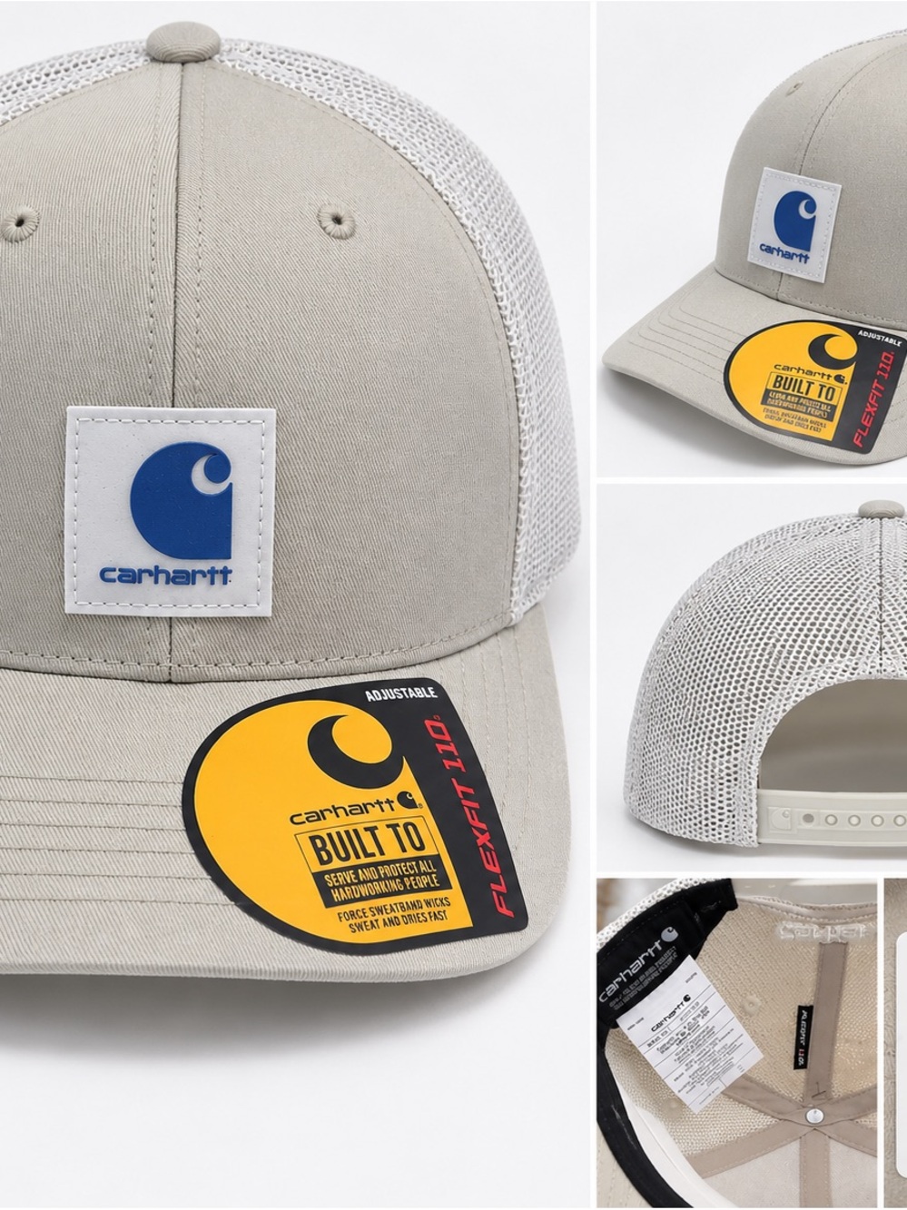 Carhartt Beige and White Mesh Trucker Hat with Blue Logo Patch NWT